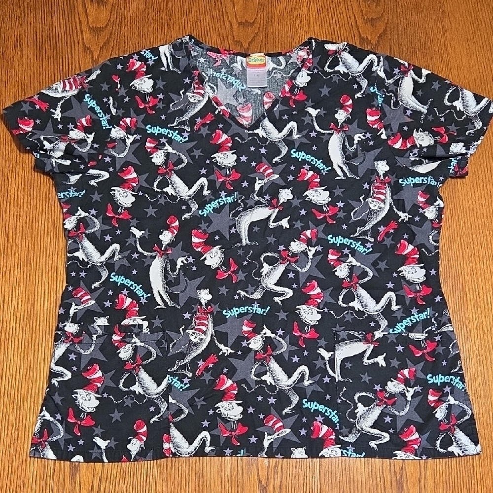 Dr. Seuss Black and Red Cat in the Hat Scrub Top Superstar